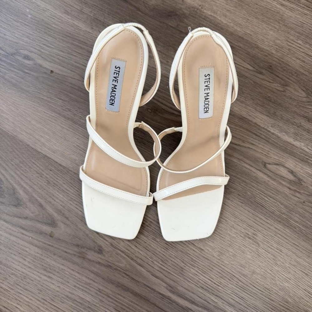 Steve Madden White and Cream Square Toe Strappy Slingback Heels - Picture 2 of 4